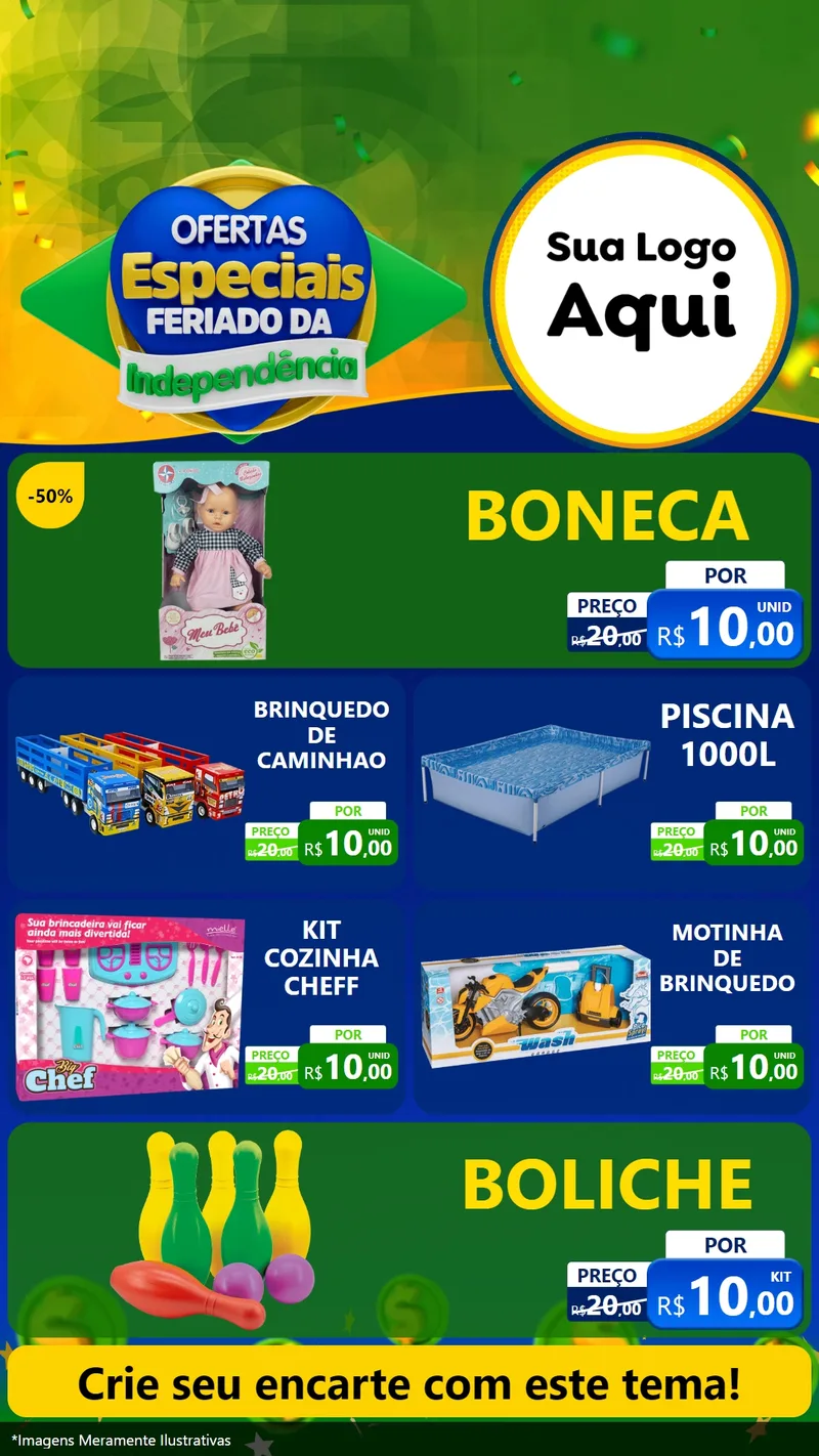 Modelo de TV para TV Vertical com o tema Ofertas Especiais Feriado da Independência para Brinquedos