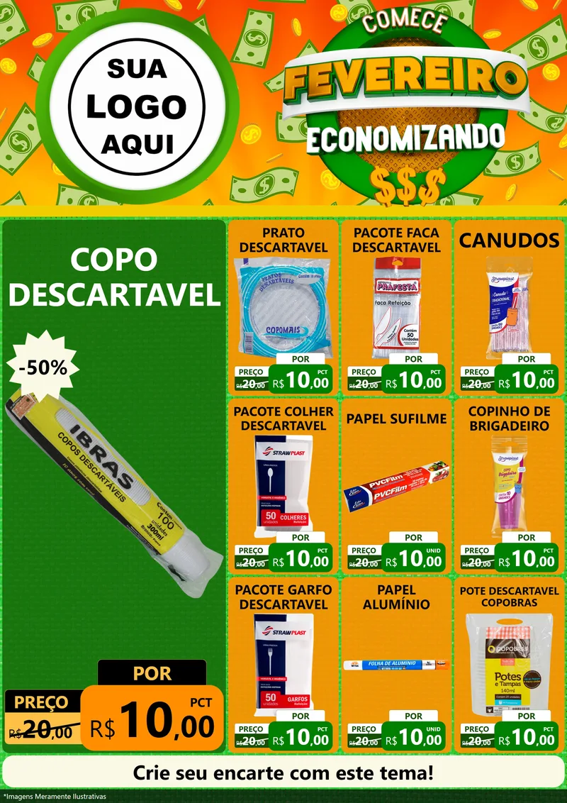 Modelo de Encarte para Encarte A4 Vertical com o tema Comece Fevereiro Economizando para Embalagens