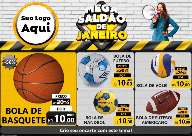 Modelo de Encarte para Encarte A4 Horizontal com o tema Mega Saldão de Janeiro para Artigos Esportivos