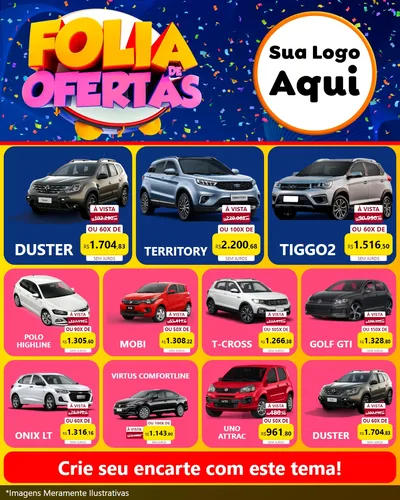 Modelo de Rede Social para Feed Instagram com o tema Folia de Ofertas para Concessionaria de Carros