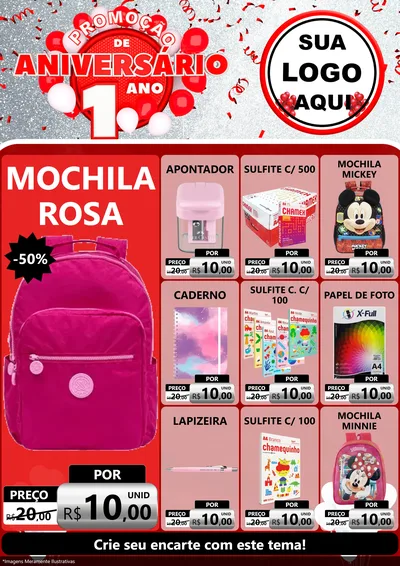 Modelo de Encarte para Encarte A4 Vertical com o tema Promoção de Aniversário - 1 Ano para Papelaria
