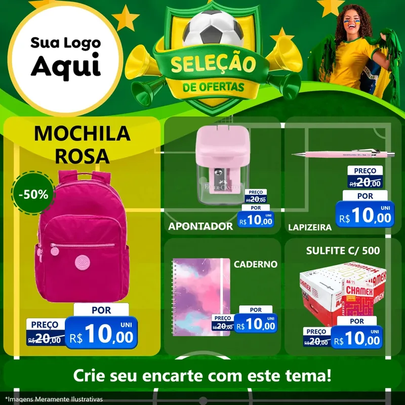 Modelo de Rede Social para Feed Facebook com o tema Seleção de Ofertas - Copa para Papelaria
