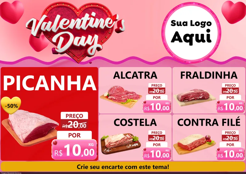 Modelo de Encarte para Encarte A4 Horizontal com o tema Valentine's Day para Açougue