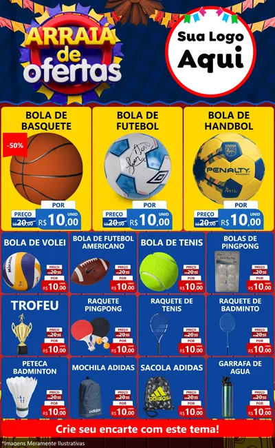 Modelo de Encarte para Encarte Grande com o tema Arraiá de Ofertas para Artigos Esportivos