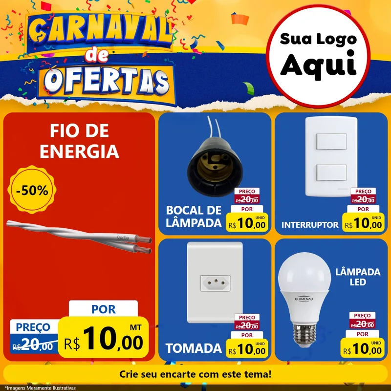 Modelo de Rede Social para Feed Facebook com o tema Carnaval de Ofertas para Materiais Elétricos