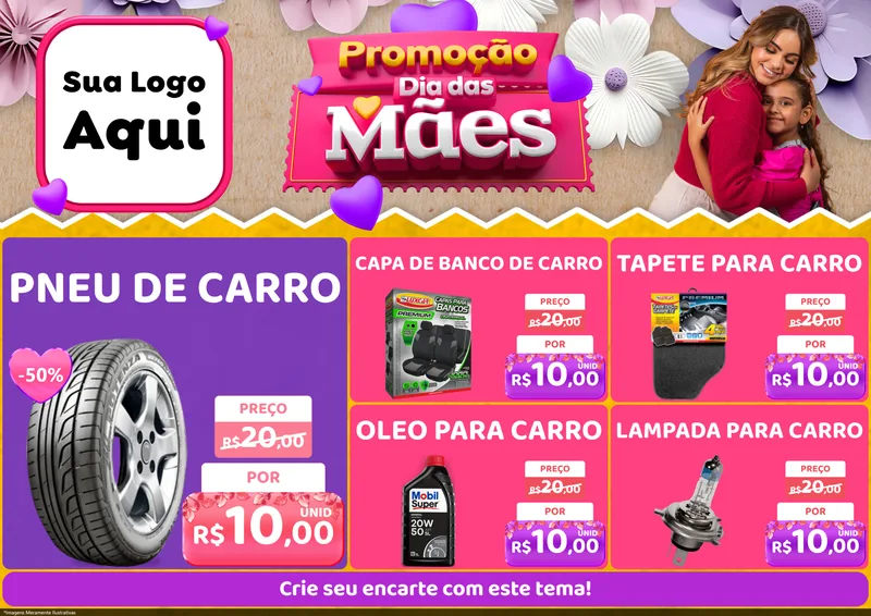 Modelo de Encarte para Encarte A4 Horizontal com o tema Promoção Dia das Mães para Auto peças