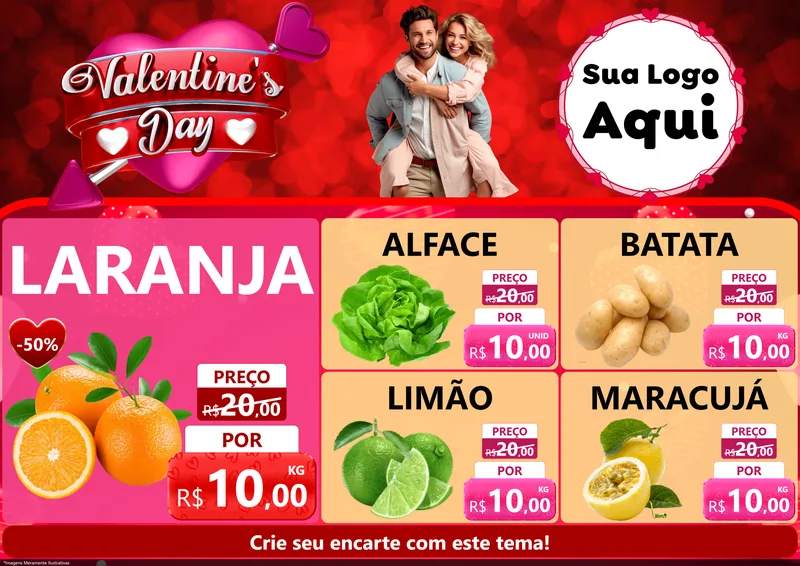 Modelo de Encarte para Encarte A4 Horizontal com o tema Valentine's Day para Hortifrúti