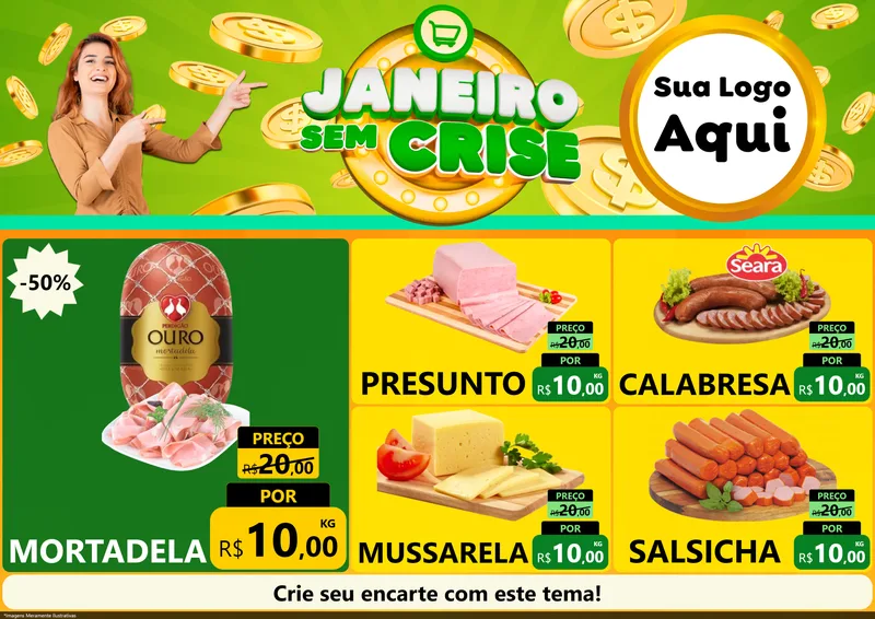 Modelo de Encarte para Encarte A4 Horizontal com o tema Janeiro Sem Crise para Frios e Laticínios