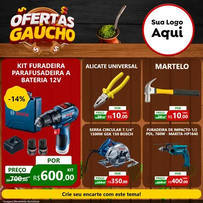 Modelo de Rede Social para Feed Facebook com o tema Ofertas Dia do Gaúcho para Maquinas e Ferramentas