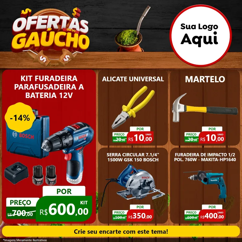 Modelo de Rede Social para Feed Facebook com o tema Ofertas Dia do Gaúcho para Maquinas e Ferramentas