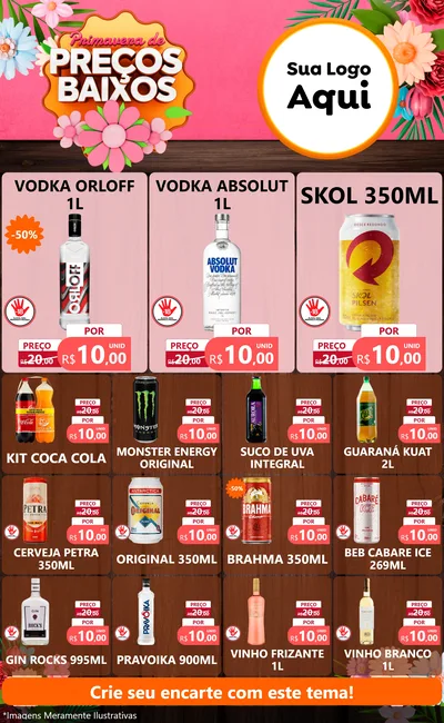 Modelo de Encarte para Encarte Grande com o tema Primavera de Preços Baixos para Distribuidora de bebidas