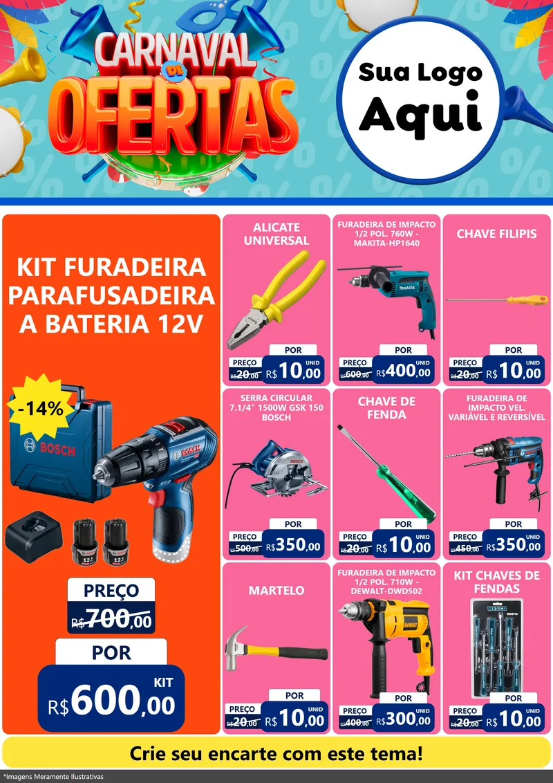 Modelo de Encarte para Encarte A4 Vertical com o tema Carnaval de Ofertas para Maquinas e Ferramentas