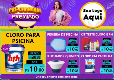 Modelo de Encarte para Encarte A4 Horizontal com o tema Pré-Carnaval Premiado para Produtos para Piscina