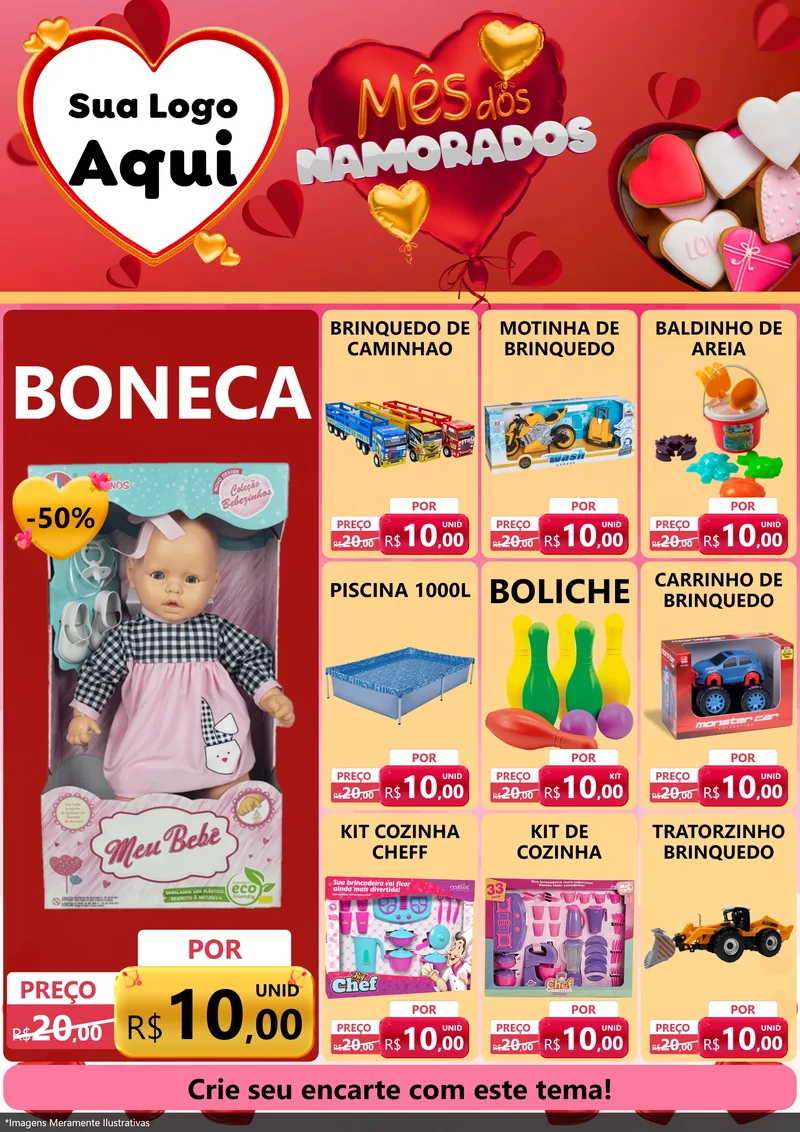 Modelo de Encarte para Encarte A4 Vertical com o tema Mês dos Namorados para Brinquedos