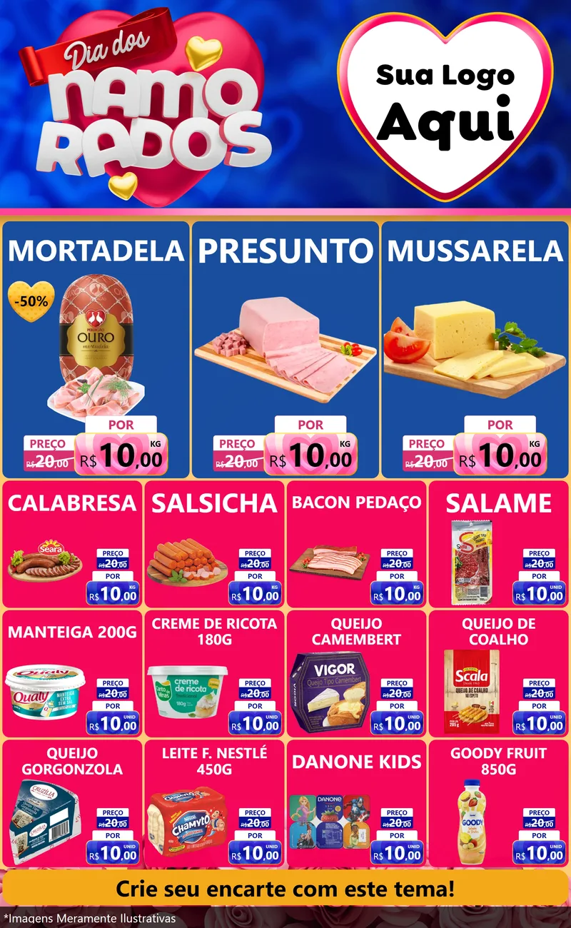 Modelo de Encarte para Encarte Grande com o tema Dia dos namorados para Frios e Laticínios