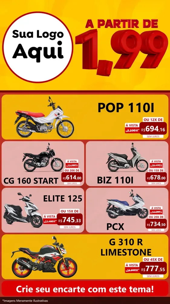 Modelo de TV para TV Vertical com o tema A Partir de Um e Noventa e Nove - 1,99 para Concessionaria de Motos