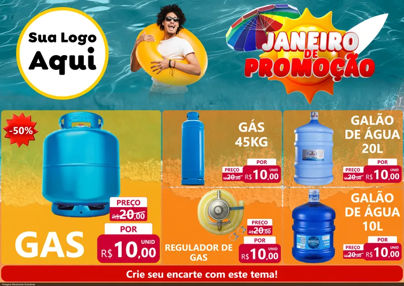Modelo de Encarte para Encarte A4 Horizontal com o tema Janeiro de Promoção para Água e gás