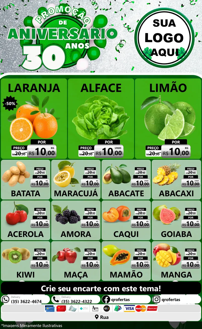 Modelo de Encarte para Encarte Grande com o tema Promoção de Aniversário - 30 Anos para Hortifrúti