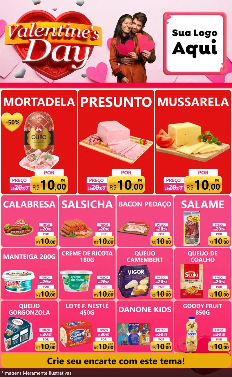 Modelo de Encarte para Encarte Grande com o tema Valentine's Day para Frios e Laticínios