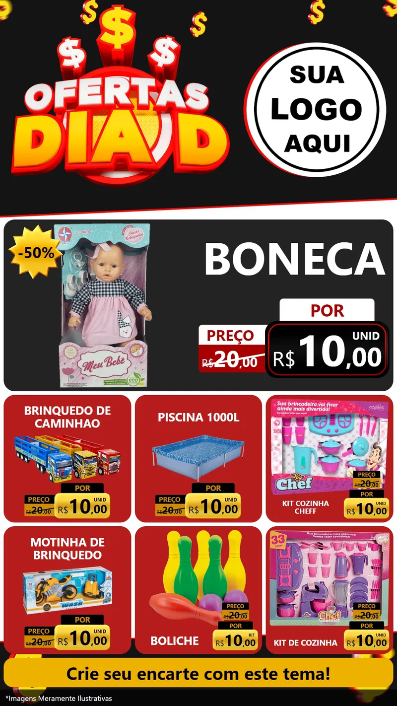 Modelo de Rede Social para Stories com o tema Ofertas Dia D para Brinquedos