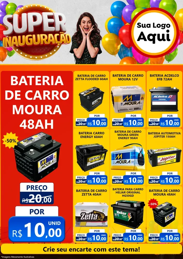 Modelo de Encarte para Encarte A4 Vertical com o tema Super Inauguração para Baterias Elétricas