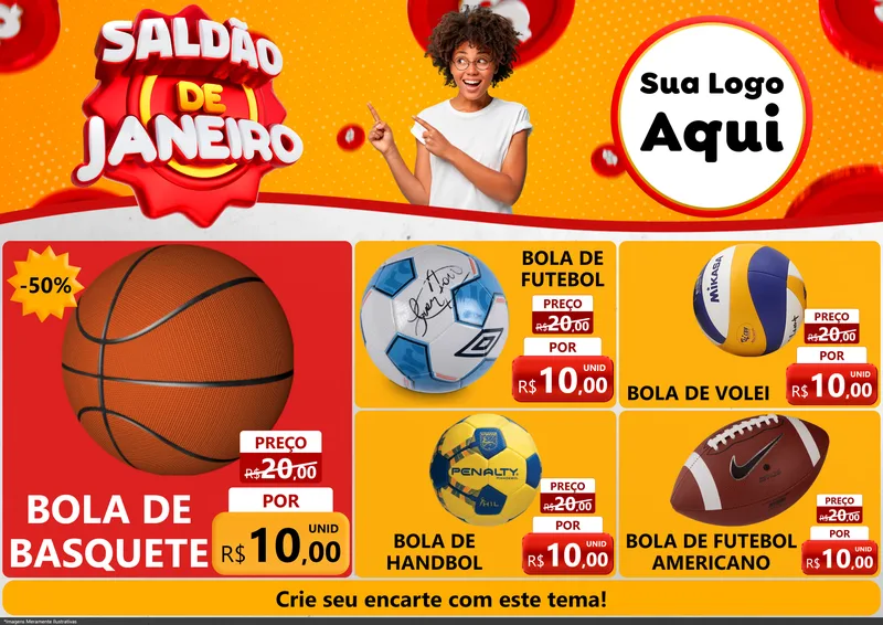 Modelo de Encarte para Encarte A4 Horizontal com o tema Saldão de Janeiro para Artigos Esportivos