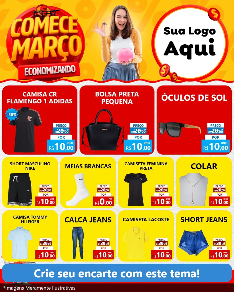Modelo de Rede Social para Feed Instagram com o tema Comece Março Economizando para Roupas e acessórios