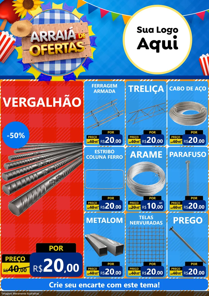Modelo de Encarte para Encarte A4 Vertical com o tema Arraiá de Ofertas para Ferragens