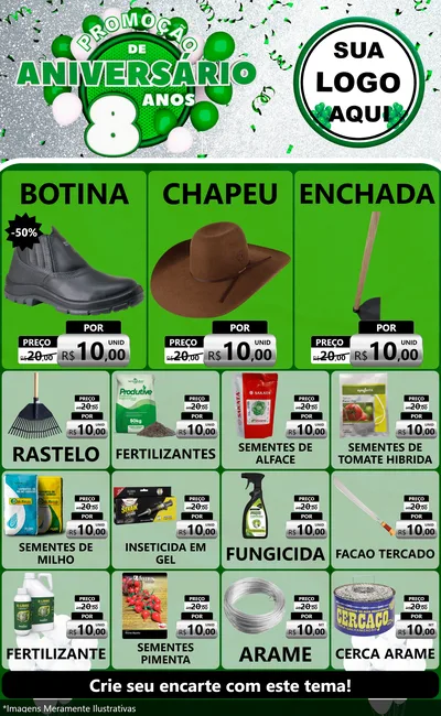 Modelo de Encarte para Encarte Grande com o tema Promoção de Aniversário - 8 Anos para Agropecuária