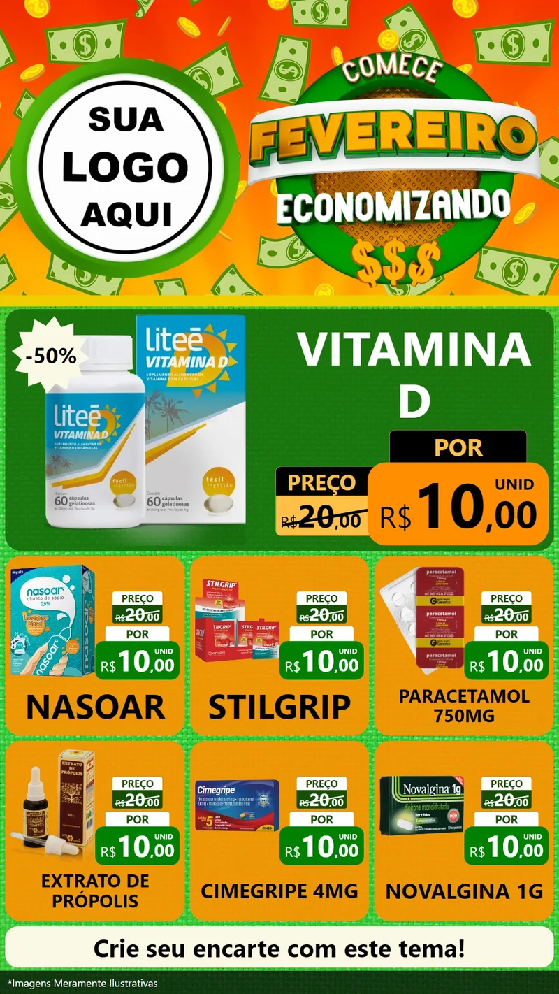 Modelo de Rede Social para Stories com o tema Comece Fevereiro Economizando para Farmácia