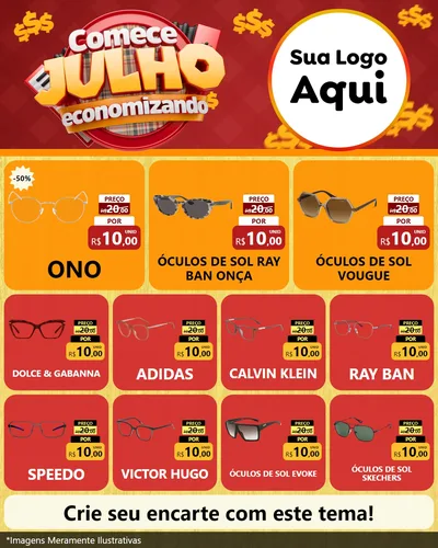 Modelo de Rede Social para Feed Instagram com o tema Comece Julho Economizando para Óticas