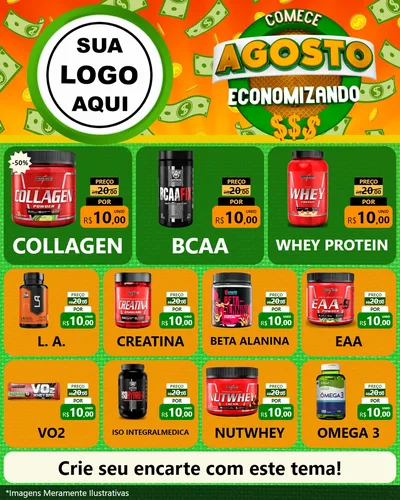 Modelo de Rede Social para Feed Instagram com o tema Comece Agosto Economizando para Suplementos alimentares