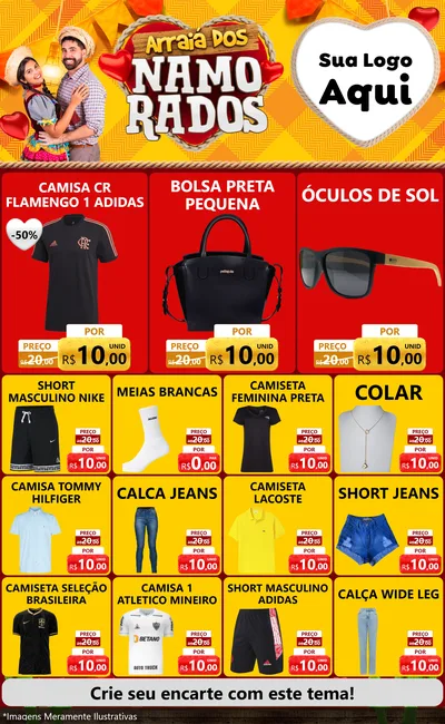 Modelo de Encarte para Encarte Grande com o tema Arraiá dos Namorados para Roupas e acessórios