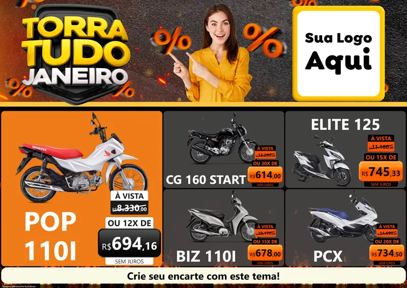Modelo de Encarte para Encarte A4 Horizontal com o tema Torra Tudo Janeiro para Concessionaria de Motos