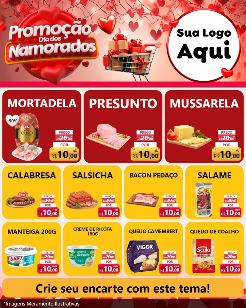 Modelo de Rede Social para Feed Instagram com o tema Promoção Dia dos Namorados para Frios e Laticínios