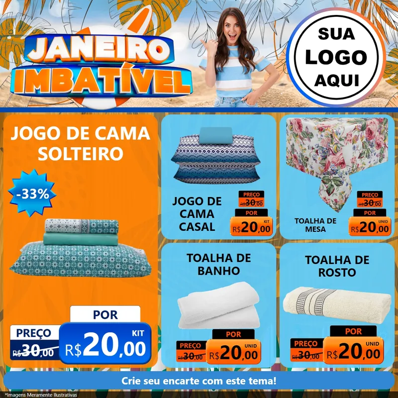Modelo de Rede Social para Feed Facebook com o tema Janeiro Imbatível para Cama, Mesa e Banho