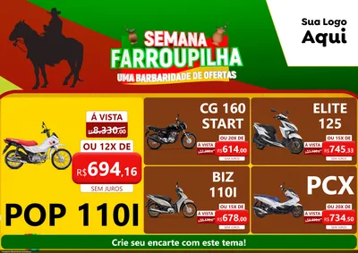 Modelo de Encarte para Encarte A4 Horizontal com o tema Semana Farroupilha - Uma Barbaridade de Ofertas para Concessionaria de Motos