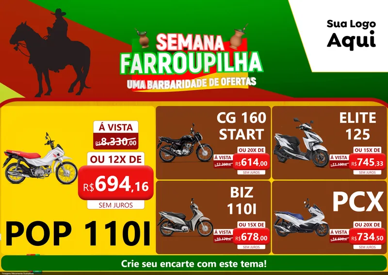 Modelo de Encarte para Encarte A4 Horizontal com o tema Semana Farroupilha - Uma Barbaridade de Ofertas para Concessionaria de Motos
