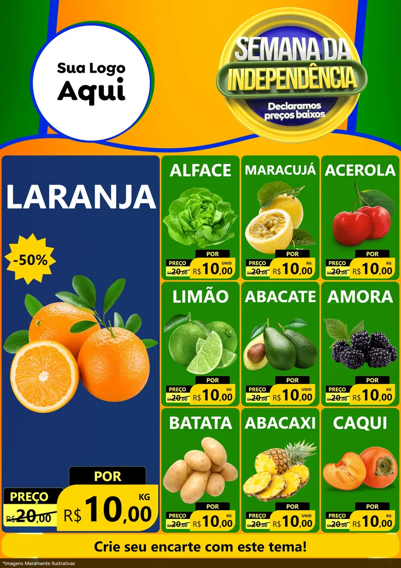 Modelo de Encarte para Encarte A4 Vertical com o tema Semana da Independência Declaramos Preços Baixos para Hortifrúti