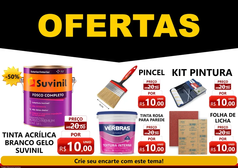 Modelo de Encarte para Encarte A4 Horizontal com o tema Ofertas Preto e Vermelho Cartaz para Tintas e Ferramentas