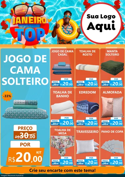 Modelo de Encarte para Encarte A4 Vertical com o tema Janeiro Top para Cama, Mesa e Banho