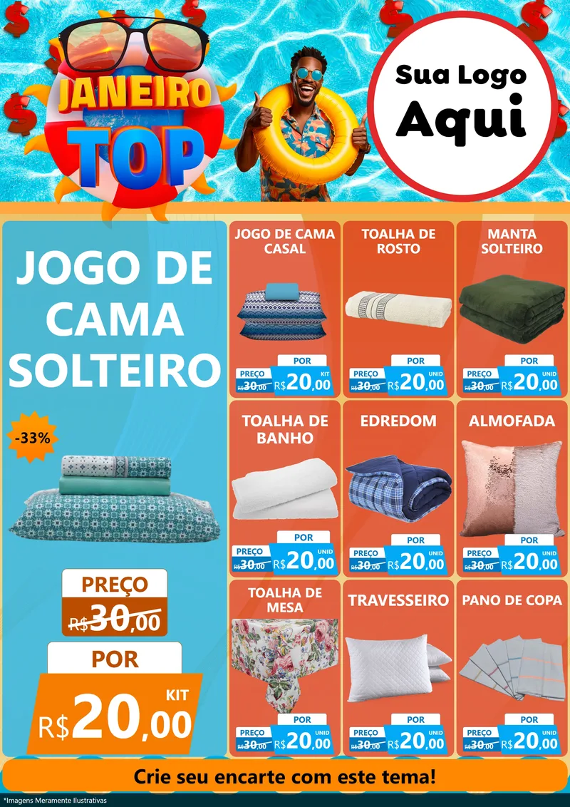 Modelo de Encarte para Encarte A4 Vertical com o tema Janeiro Top para Cama, Mesa e Banho