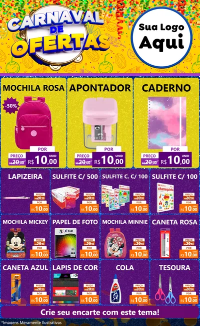 Modelo de Encarte para Encarte Grande com o tema Carnaval de Ofertas para Papelaria
