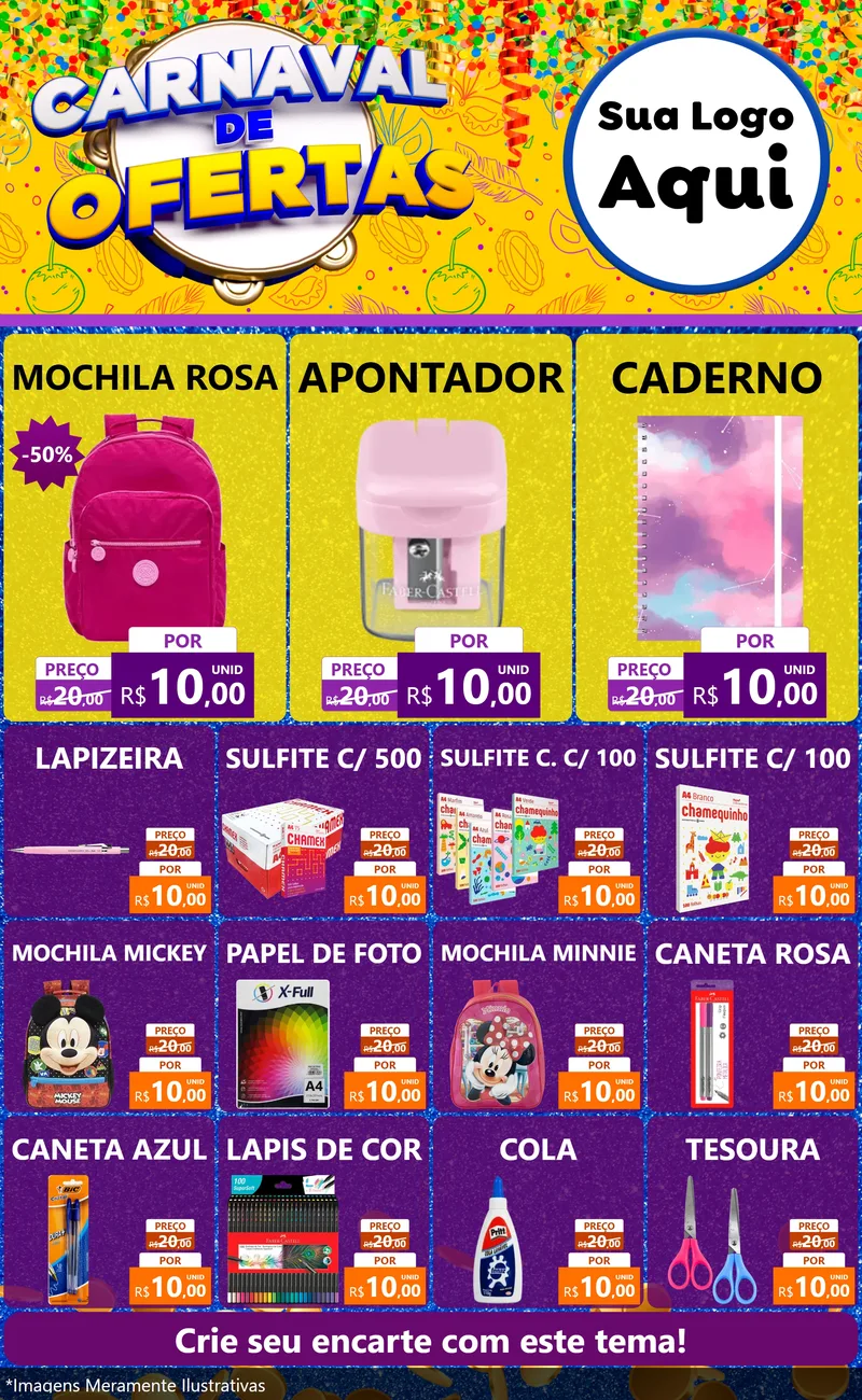 Modelo de Encarte para Encarte Grande com o tema Carnaval de Ofertas para Papelaria