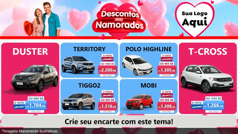 Modelo de TV para TV Horizontal com o tema Descontos dos Namorados para Concessionaria de Carros