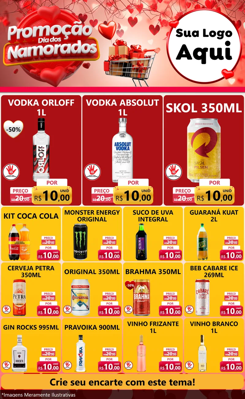 Modelo de Encarte para Encarte Grande com o tema Promoção Dia dos Namorados para Distribuidora de bebidas