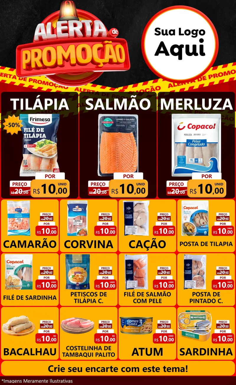 Modelo de Encarte para Encarte Grande com o tema Alerta de Promoção para Peixaria