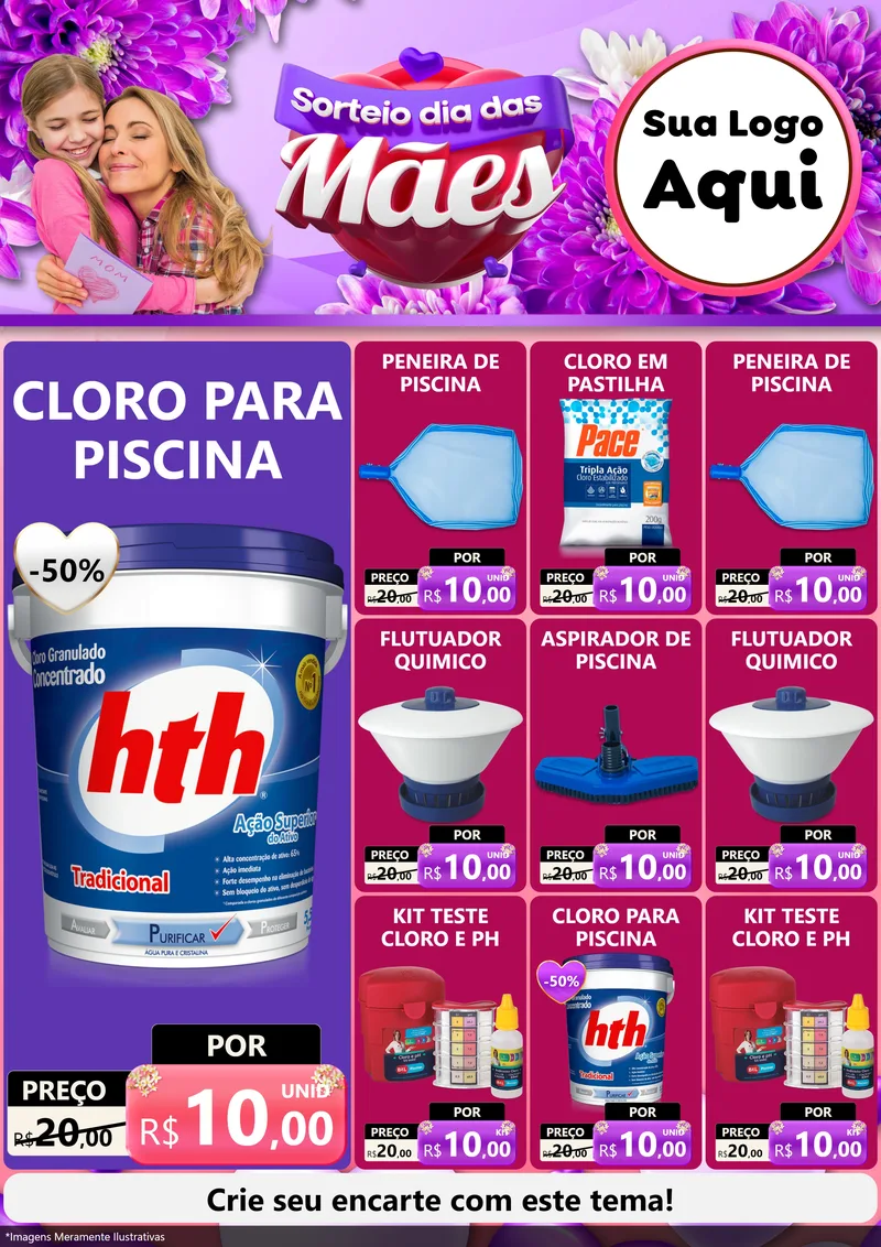 Modelo de Encarte para Encarte A4 Vertical com o tema Sorteio Dia das Mães para Produtos para Piscina