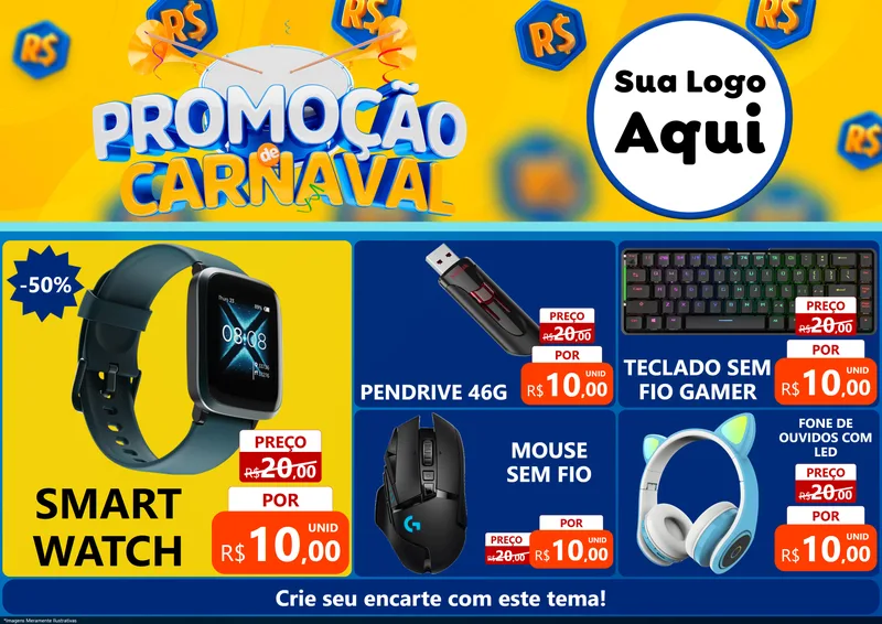 Modelo de Encarte para Encarte A4 Horizontal com o tema Promoção de Carnaval para Informática