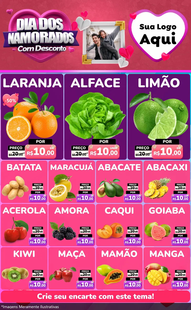Modelo de Encarte para Encarte Grande com o tema Dia Dos Namorados Com Desconto para Hortifrúti